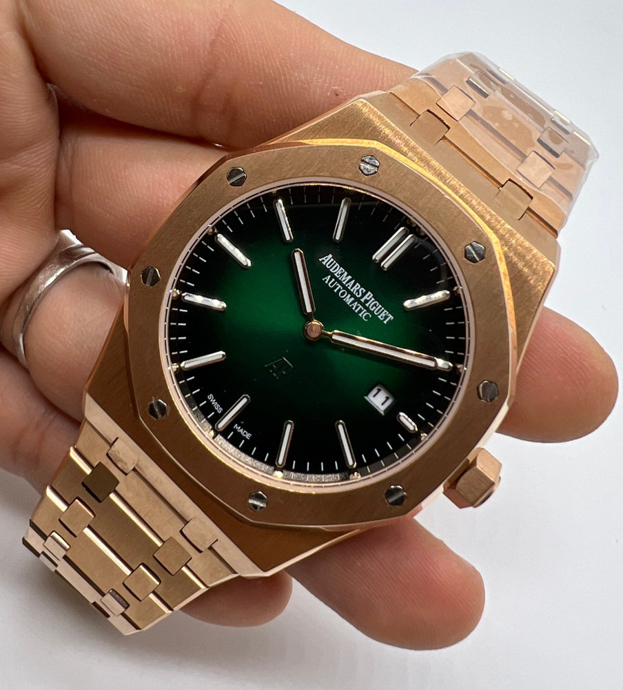 Audemars Piguet Royal Oak 39mm Mostrador Verde Bezel e Pulseira Aço Rose