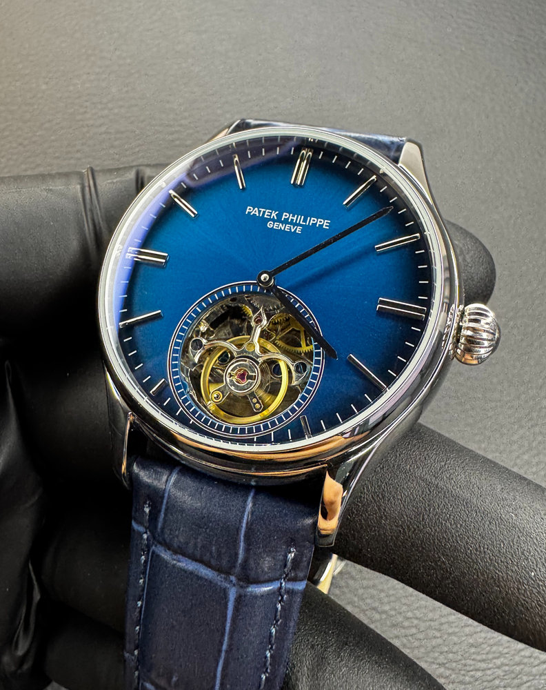Patek Phillippe Turbilhão 42mm Aço Mostrador Azul, Pulseira Couro