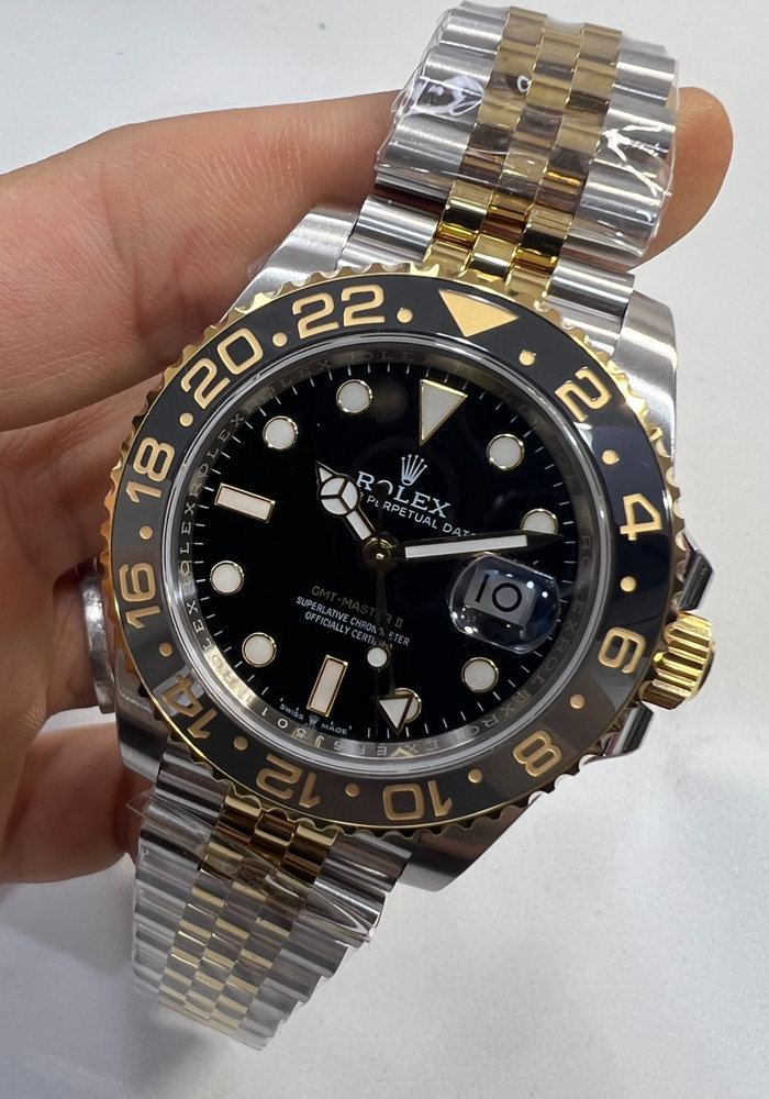 Rolex GMT Master II 40mm, Aço/Ouro, Bruce Wayne, Pulseira Jubilee - CLONE