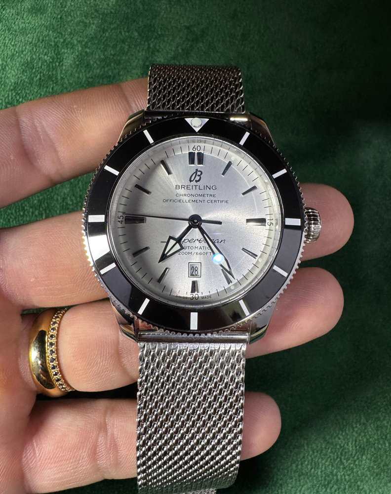 Breitling Superocean Aço 44mm Mostrador Prata Bisel Preto